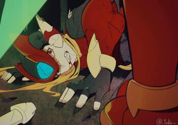 2boys armor black_bodysuit blonde_hair blood blood_from_mouth bodysuit clenched_teeth energy_sword head_on_ground helmet highres injury long_hair looking_up mega_man_(series) mega_man_zero_(series) mega_man_zero_3 multiple_boys omega_(mega_man) on_ground out_of_frame red_armor red_eyes red_headwear sword teeth torn_bodysuit torn_clothes twitter_username weapon yinke z_saber zero(z)_(mega_man) zero_(mega_man)