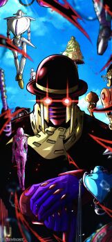 6+others absurdres awaking_iii_leaves blue_sky bowler_hat cane character_request cloud coat colored_skin day doggy_style_(stand) gloves glowing glowing_eyes hat hatching_(texture) highres holding holding_cane humanoid_robot jojo_no_kimyou_na_bouken jojolion killer_queen king_nothing long_sleeves looking_at_viewer love_love_deluxe_(stand) male_focus multiple_others noonvincent nut_king_call outdoors paisley_park_(stand) pink_skin purple_gloves red_coat red_eyes red_hat robot scarf sky soft_&amp;_wet stand_(jojo) wonder_of_u yellow_scarf