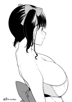 1girl artist_name back_bow bare_shoulders black_hair blush bow breasts cleavage closed_mouth collarbone commentary_request dress from_side greyscale hair_bow hair_ornament hair_ribbon huge_breasts long_hair low_neckline medium_hair monochrome nagachichi_chika_idol-chan_(yue_(show-ei)) original profile ribbon sidelocks simple_background smile solo strapless strapless_dress twintails twitter_username upper_body white_background yue_(show-ei)