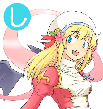 1girl blonde_hair blue_eyes blush breasts commentary_request cross cross_necklace demon_wings detached_wings dress flower grey_wings hat hat_flower hat_ornament high_priest_(ragnarok_online) jewelry juliet_sleeves leaf_hat_ornament long_hair long_sleeves looking_at_viewer medium_breasts nama_mana necklace open_mouth pink_dress pink_flower puffy_sleeves ragnarok_online sash simple_background smile solo tam_(ragnarok_online) two-tone_dress upper_body white_background white_dress white_hat white_sash wings
