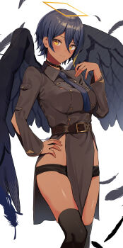 1girl absurdres agame-san_(agamemega) agamemega black_thighhighs blue_hair breasts buttons commentary_request dark-skinned_female dark_skin double-breasted feathered_wings feathers grey_jacket hand_on_own_hip highres jacket looking_at_viewer original pelvic_curtain purple_hair short_hair short_shorts shorts simple_background solo thighhighs white_background wings yellow_eyes