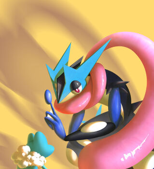 Rule 34 | bright pupils, froakie, gen 6 pokemon, greninja, highres, mixed-language commentary, nintendo, no humans, pokemon, pokemon (creature), pokemon focus, purple eyes, squatting, tongue scarf, wer (no0701), white pupils, yellow background