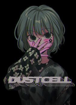 1girl absurdres black_background character_request commentary_request copyright_name dustcell grey_eyes grey_hair highres long_sleeves looking_at_viewer lower_teeth_only menma_(enaic31) open_mouth short_hair simple_background solo teeth upper_body