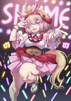 1girl animal_ears blue_eyes brown_hair commentary_request extra_ears gloves glowstick hair_ornament highres horse_ears horse_girl horse_tail japari_symbol kemono_friends kosai_takayuki long_hair looking_at_viewer multicolored_hair nontraditional_miko one_eye_closed penlight_(glowstick) pink_hair ponytail sandals shinme_(kemono_friends) simple_background skirt solo tabi tail two-tone_hair zouri