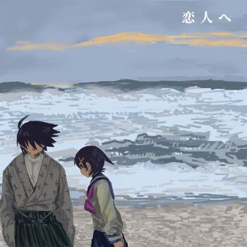 1boy 1girl ahoge beach black_hair commentary_request fuura_kafuka hair_ornament hairclip hakama highres itoshiki_nozomu japanese_clothes kawaoka_nano looking_down neckerchief ocean sayonara_zetsubou_sensei school_uniform serafuku shosei sky teacher_and_student