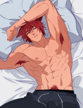Rule 34 | 1boy, abs, absurdres, animal ears, armpit hair, closed mouth, dog ears, grey pants, highres, league of legends, looking at viewer, lying, male focus, male pubic hair, muscular, muscular male, nipples, on back, pants, pectorals, pillow, pubic hair, red hair, scar, scar on face, sett (league of legends), short hair, shredded muscles, solo, topless male, yotti