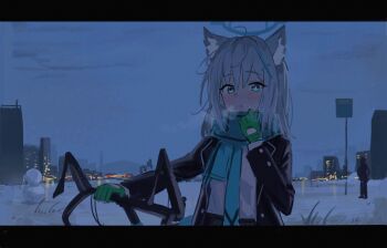 1girl absurdres animal_ear_fluff animal_ears bicycle black_jacket blue_archive blue_eyes blue_necktie blue_scarf blush breath building city_lights cross_hair_ornament extra_ears gloves green_gloves grey_hair hair_ornament halo hashtag-only_commentary highres jacket letterboxed long_sleeves looking_at_viewer medium_hair mismatched_pupils necktie night open_clothes open_jacket outdoors p1n parted_lips scarf school_uniform shiroko_(blue_archive) shirt skirt sky snow snowman white_shirt wolf_ears