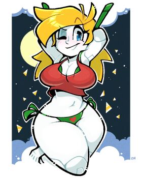 1girl antennae arm_up blonde_hair blue_eyes cloud cloudy_sky curly_brace doukutsu_monogatari full_moon green_panties highres joints legendofnerd long_hair moon navel night night_sky one_eye_closed panties robot_joints sky solo thick_thighs thighs underwear wide_hips