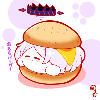 ahoge blue_archive blush burger cheese chibi closed_eyes closed_mouth colored_shadow food grey_hair hair_ornament hairclip halo highres hina_(blue_archive) in_food kurukurumagical long_hair mini_person minigirl shadow single_hair_intake smile solo translation_request very_long_hair white_background