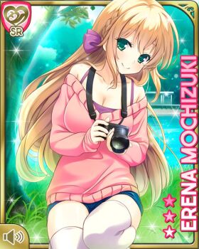 1girl blonde_hair blue_shorts breasts camera camisole card_(medium) character_name cleavage denim denim_shorts girlfriend_(kari) grass green_eyes hair_ornament holding holding_camera kneeling knees large_breasts long_hair looking_at_viewer mochizuki_erena official_art pink_sweater pond purple_camisole qp:flapper shorts smile solo sweater thighhighs thighs white_thighhighs zettai_ryouiki