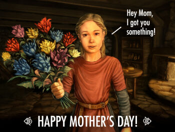 1girl belt blonde_hair blue_flower brown_belt brown_eyes dress english_text flower holding holding_flower indoors looking_at_viewer mother's_day official_art purple_flower red_dress solo the_elder_scrolls the_elder_scrolls_v:_skyrim yellow_flower