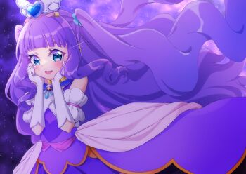 Rule 34 | 1girl, absurdres, aqua eyes, brooch, clothing cutout, commentary, cure majesty, dress, earclip, elbow gloves, gloves, hair ornament, hakumai konatsu, hands on own face, highres, hirogaru sky! precure, jewelry, magical girl, medium dress, night, precure, purple dress, short sleeves, shoulder cutout, solo, sparkle, two side up, white gloves, wind, wing brooch, wing hair ornament