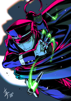 Rule 34 | 1boy, :3, animal, animal on shoulder, arm across chest, arm up, black cape, black cat, black coat, black hair, black hat, blue eyes, buttoned cuffs, buttons, cape, cat, cat on shoulder, coat, commentary, dated, devil summoner: raidou kuzunoha vs the soulless army, devil summoner (series), dutch angle, eyelashes, gouto, green eyes, hat, holding, holding weapon, knife, kuzunoha raidou, long sleeves, male focus, military hat, saitou rokuro, shadow, sideburns, signature, slit pupils, solo, throwing knife, weapon, wrist cuffs