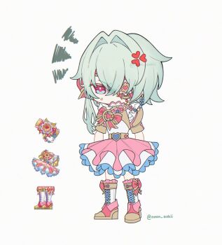 Rule 34 | 1boy, alternate costume, anaxa (honkai: star rail), anger vein, annoyed, boots, bow, buckle, chibi, chibi only, commentary, crossdressing, crossdressing (mtf), eyepatch, footwear bow, gradient eyes, green eyes, green hair, hair intakes, heart, heart-shaped buckle, honkai: star rail, honkai (series), knee boots, male focus, multicolored eyes, nao kii, one eye covered, pink bow, relic (honkai: star rail), solo, twitter username, untranslatable commentary