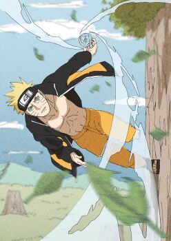 Rule 34 | 1boy, blonde hair, ebata kyouhei, forehead protector, highres, konohagakure symbol, male focus, naruto (series), naruto shippuuden, rasengan, running, solo, toned, toned male, topless male, uzumaki naruto