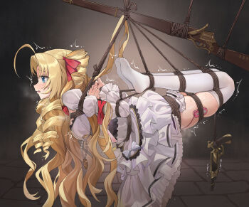 1girl ahoge bdsm blonde_hair blue_eyes bondage bound bound_ankles bound_arms bound_calves bound_legs breasts chuck_(harfmoondark) commentary_request crying crying_with_eyes_open dress drill_hair egg_vibrator female_focus from_side gun handgun highres hogtie lily_(shinnazuki) long_hair medium_breasts no_shoes open_mouth restrained sex_toy shibari shinnazuki skindentation soles solo suspension tears thighhighs twin_drills very_long_hair vibrator vibrator_cord weapon white_dress white_thighhighs