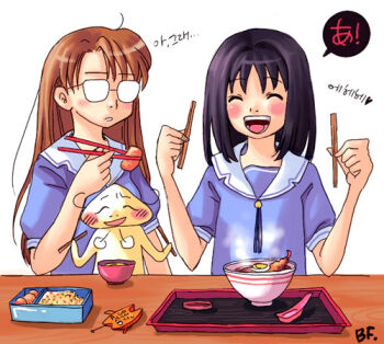 Rule 34 | 2girls, a (phrase), archived source, azumanga daiou, bf. (sogogiching), black hair, blue serafuku, blue shirt, blue sleeves, bowl, brown hair, chopsticks, closed eyes, collared shirt, commentary request, egg (food), food, glasses, holding, holding chopsticks, impasto, kasuga ayumu, korean commentary, long hair, lowres, medium hair, mihama chiyo's father, mizuhara koyomi, multiple girls, noodles, nostrils, opaque glasses, phone, puff of air, puffy short sleeves, puffy sleeves, ramen, real life, rice, sailor collar, school uniform, serafuku, shirt, short sleeves, shrimp, shrimp tempura, signature, simple background, sleeve cuffs, sliced egg, soup ladle, speech bubble, table, tempura, tray, upper body, white background, white sailor collar