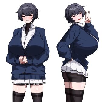 1girl :3 =_= amx1375 bike_shorts bike_shorts_under_skirt black_hair blue_sweater breasts button_gap cowboy_shot dress_shirt highres huge_breasts lifting_own_clothes long_sleeves miniskirt multiple_views open_mouth original own_hands_clasped own_hands_together pleated_skirt red_nails shiny_skin shirt short_hair skindentation skirt sleeves_past_wrists sweater thighhighs v white_background white_shirt white_skirt zettai_ryouiki