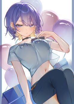 Rule 34 | 1girl, absurdres, balloon, blonde hair, blush, box, breasts, choker, colored inner hair, commentary, crop top, crop top overhang, cropped shirt, earrings, english commentary, gift, gift box, gradient eyes, happy birthday, highres, holding, hololive, hololive indonesia, jewelry, large breasts, looking at viewer, midriff, moona hoshinova, moona hoshinova (casual), multicolored eyes, multicolored hair, navel, official alternate costume, pants, purple eyes, purple hair, rem moon, shirt, short hair, solo, starry hair, virtual youtuber, white shirt