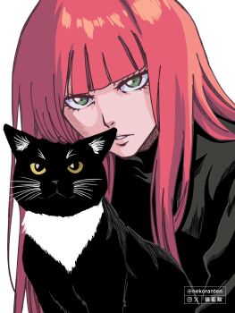 Rule 34 | 1girl, absurdres, black cat, black sweater, blunt bangs, cat, commentary, english commentary, expressionless, green eyes, highres, lips, nekoranten, parted lips, real life, red hair, solo, sweater, turtleneck, turtleneck sweater, twitter username, upper body, watermark, whiskers