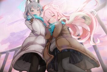 2girls =_= absurdres ahoge black_pantyhose black_skirt blue_archive blue_eyes blue_halo blue_scarf brown_coat can canned_coffee closed_eyes closed_mouth cloud coat commentary_request cropped_legs cross_hair_ornament double-parted_bangs drink_can fang from_below grey_hair hair_between_eyes hair_ornament halo hands_up highres holding holding_can hoshino_(blue_archive) long_hair long_sleeves looking_at_viewer medium_hair mismatched_pupils multiple_girls open_clothes open_coat open_mouth outdoors pantyhose pink_hair pink_halo plaid_clothes plaid_skirt railing sakurano_rocco scarf shared_clothes shared_scarf shiroko_(blue_archive) skin_fang skirt smile white_coat white_scarf wolf_girl