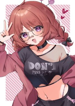 1girl absurdres bandaid bandaid_on_face bandaid_on_nose black_bow black_choker black_nails black_shirt bow braid brown_hair choker clothes_writing fishnet_top fishnets fuyu_2320 hair_bow heart highres immy_bisou jacket navel navel_piercing open_clothes open_jacket open_mouth piercing pink_jacket purple_eyes second-party_source shirt solo stomach symbol-shaped_pupils torn_clothes torn_shirt twin_braids v vallure virtual_youtuber