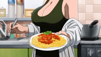 1girl 2025 20s animated animated_gif blonde_hair blush breasts eyeshadow food fork huge_breasts jacket kitchen large_breasts makeup sazanami_kuina shirt short_hair solo tagme tank_top tiles tougen_anki white_shirt yellow_eyes