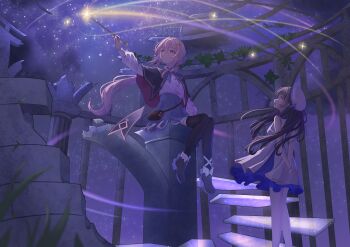 2girls absurdres arms_behind_back beret black_capelet black_hair black_shoes black_thighhighs blue_dress blue_ribbon capelet dress floating_stairs grey_skirt hat high-waist_skirt highres holding holding_wand layered_dress long_hair long_sleeves low_twintails loyeriveri magic multiple_girls neck_ribbon night night_sky original pink_hair ribbon ruins shirt shoes sitting skirt sky sleeveless sleeveless_dress stairs star_(sky) starry_sky thighhighs twintails wand white_dress white_hat white_shirt yellow_eyes