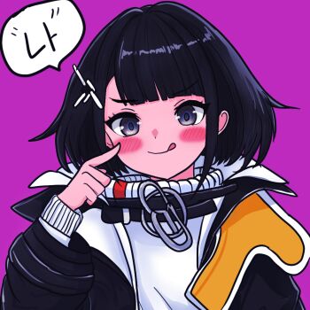 Rule 34 | 1girl, :q, arknights, arknights: endfield, black eyes, black hair, black jacket, blush stickers, closed mouth, commentary, endministrator (arknights), english commentary, female endministrator (arknights), finger to cheek, jacket, long sleeves, looking at viewer, open clothes, open jacket, papacat, pink background, short hair, simple background, smile, solo, sweater, tongue, tongue out, upper body, white sweater