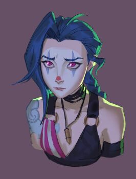 1girl aina_(mayexplode) arcane:_league_of_legends arcane_jinx asymmetrical_bangs bare_shoulders batman_(series) blue_hair braid breasts bullet closed_mouth cloud_tattoo collarbone crop_top cropped_torso detached_sleeves highres jewelry jinx_(league_of_legends) joker_(2019) league_of_legends long_hair necklace o-ring pink_eyes red_nose shoulder_tattoo simple_background small_breasts solo tattoo