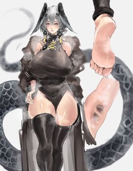 1girl absurdres arknights armpit_hair armpits barefoot blush breasts covered_erect_nipples feet grey_eyes grey_hair hair_wings highres ho&#039;olheyak_(arknights) large_breasts looking_at_viewer medium_hair parted_lips pubic_hair pubic_hair_peek soles steam sweat tail tiansuo_haoer toes