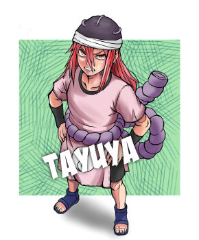 Rule 34 | 1girl, absurdres, angry, black shorts, blue sandals, border, character name, clenched teeth, commentary, full body, green background, hands on own hips, helmet, highres, long hair, looking at viewer, naruto (classic), naruto (series), ninja, north (zsae4358), orange eyes, pink shirt, red hair, sandals, shirt, short sleeves, shorts, tayuya (naruto), teeth, white border