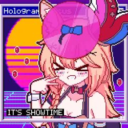 >_< 1girl animal_ear_fluff animal_ears animated bare_shoulders blinking blonde_hair blue_bow bow chibikki facing_viewer fox_ears fox_girl grin hair_bow hat heart heart-shaped_pupils hololive jester_cap looking_at_viewer looping_animation multicolored_hair omaru_polka omaru_polka_(1st_costume) open_mouth pink_hair pixel_art purple_eyes smile solo spinning streaked_hair sunset symbol-shaped_pupils synthwave tilted_headwear upper_body v vaporwave video virtual_youtuber window_(computing) wireframe