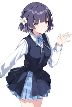 1girl :/ absurdres aweqdre black_overskirt black_vest blue_ribbon blue_skirt blush chinese_commentary commentary dress_shirt flower gakuen_idolmaster hair_flower hair_ornament hataya_misuzu hatsuboshi_gakuen_school_uniform highres idolmaster long_hair looking_at_viewer mole mole_under_mouth neck_ribbon pleated_skirt purple_eyes purple_hair ribbon school_uniform shirt short_hair simple_background skirt solo thighs vest white_background white_shirt