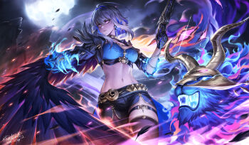 1girl absurdres asymmetrical_wings bantish black_gloves black_jacket black_pantyhose black_shorts black_thighhighs black_wings blue_bra blue_hair blue_nails bra breasts chimera_(wuthering_waves) colored_inner_hair commentary cropped_jacket earrings feathered_wings galbrena_(wuthering_waves) gloves gold_choker grey_hair gun hair_between_eyes highres holding holding_gun holding_weapon jacket jewelry looking_to_the_side medium_breasts medium_hair mismatched_wings mole mole_on_neck multicolored_hair mutation navel pantyhose parted_lips purple_eyes shorts single_glove single_leg_pantyhose single_thighhigh stomach tacet_discord_(wuthering_waves) thigh_strap thighhighs thighs underwear very_long_fingernails weapon wings wuthering_waves