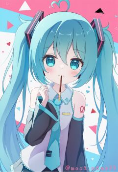 1girl ahoge arm_up black_skirt black_sleeves blue_eyes blue_hair blue_nails blue_necktie blush collared_shirt commentary_request detached_sleeves food food_in_mouth grey_shirt hair_between_eyes hatsune_miku headgear heart heart_ahoge highres long_hair long_sleeves looking_at_viewer moca_mame39 nail_polish necktie number_tattoo pleated_skirt pocky shirt skirt sleeveless sleeveless_shirt smile solo standing tattoo twintails twitter_username upper_body vocaloid wide_sleeves