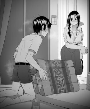 1boy 1girl belt big_breasts blush breasts calendar caught caught_masturbating cleavage cum curvy doorknob female_focus holding_shoes indoors kannovaku large_breasts large_penis long_skirt lube lube_bottle masturbation moo_(kannovaku) open_door original penile_masturbation penis see-through_clothes shoes shorts skirt steam sweat ukavonnak unworn_shoes wide-eyed