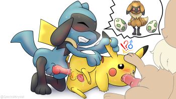 absurdres anal bad_tag blush eevee everyone fellatio gen_1_pokemon gen_4_pokemon highres nintendo oral pikachu pokemon riolu testicles yaoi zpectralkrystal