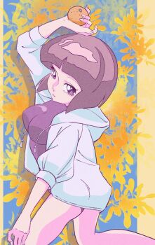 Rule 34 | 1girl, bad anatomy, bob cut, brown hair, commentary request, cowboy shot, fingernails, food, fruit, heartpiyo piyo, highres, holding, holding food, holding fruit, holding orange, hood, hoodie, leotard, open clothes, open hoodie, pale skin, purple eyes, purple leotard, ranma 1/2, solo, straight hair, tendou nabiki, white hoodie