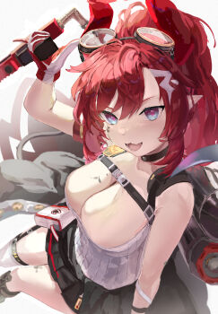 1girl :3 absurdres black_choker black_skirt blue_archive blue_eyes blush breasts choker commentary eyewear_lift flamethrower gloves goggles goggles_on_head highres holding holding_flamethrower holding_weapon huge_breasts lazyramen looking_at_viewer megu_(blue_archive) open_mouth ponytail red_gloves red_hair skirt sleeveless sleeveless_sweater solo sweater thighhighs weapon white_sweater white_thighhighs