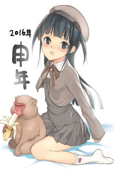 10s 1boy 2016 androgynous banana black_eyes black_hair blush coin_rand crossdressing crossdressing_(mtf) eating food fruit hat japanese_macaque long_hair looking_at_viewer macaque male_focus monkey open_mouth original pleated_skirt school_uniform simple_background sitting skirt smile solo translated trap wariza white_background