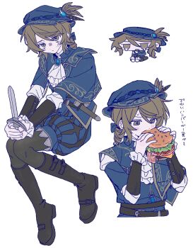 absurdres ascot belt black_pantyhose blue_bow blue_capelet blue_gemstone blue_hat blush boots bow brown_eyes brown_hair buckle burger capelet chibi drill_hair drill_ponytail eating edgar_valden edgar_valden_(runaway) food frilled_sleeves frills gem glaring hair_bow hat hat_feather highres holding holding_burger holding_food identity_v knee_boots knife multiple_belts ouji_fashion pantyhose puffy_shorts shorts single_drill sitting sweat u0el_t white_ascot