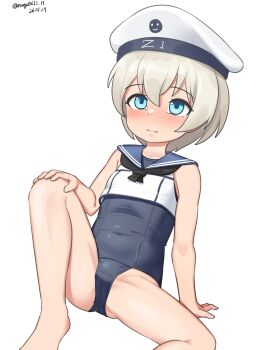 1girl absurdres black_neckerchief black_one-piece_swimsuit blue_eyes blue_sailor_collar cameltoe cosplay crop_top feet_out_of_frame grey_hair highres kantai_collection loli looking_up maru_(marg0613) neckerchief old_school_swimsuit one-hour_drawing_challenge one-piece_swimsuit ro-500_(kancolle) ro-500_(kancolle)_(cosplay) sailor_collar school_swimsuit shirt short_hair simple_background sitting sleeveless sleeveless_shirt solo swimsuit swimsuit_under_clothes white_background z1_leberecht_maass_(kancolle)