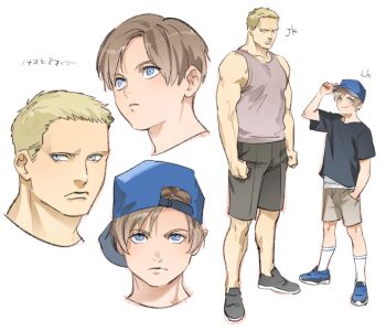 2boys aged_down baseball_cap blonde_hair blue_eyes buzz_cut hat jack_krauser leon_s._kennedy male_focus military_vehicle motor_vehicle multiple_boys resident_evil short_hair shorts tank tatsumi_(psmhbpiuczn) very_short_hair