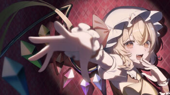 Rule 34 | 1girl, argyle background, ascot, bad id, bad pixiv id, blonde hair, blurry, blurry foreground, bow, collared shirt, commentary, commentary request, crossed bangs, crystal, crystal wings, flandre scarlet, foreshortening, frilled cuffs, frilled shirt collar, frills, hands up, hat, hat bow, highres, ko gyoku, light blush, looking at viewer, mob cap, nail polish, open mouth, outstretched arm, puffy short sleeves, puffy sleeves, red bow, red eyes, shadow, shirt, short sleeves, smile, solo, touhou, upper body, vest, white hat, white shirt, wings, yellow ascot