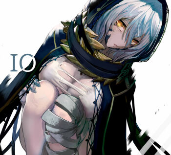 1girl bandaged_arm bandaged_leg bandages bare_shoulders breasts character_name cleavage code_vein dress hair_between_eyes hood hood_up io_(code_vein) jewelry large_breasts looking_at_viewer necklace open_mouth short_hair silver_hair solo squatting torn_clothes torn_dress walzrj white_dress yellow_eyes