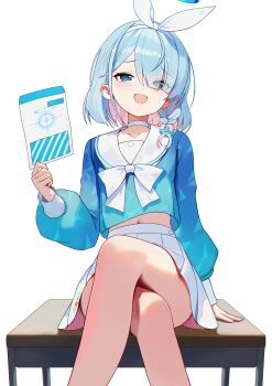 1girl arona_(blue_archive) blue_archive blue_eyes blue_hair blue_halo blue_serafuku choker colored_inner_hair commentary crossed_legs eyes_visible_through_hair hairband halo highres holding long_sleeves looking_at_viewer melreon midriff mismatched_pupils multicolored_hair navel on_table open_mouth pink_hair pleated_skirt recruitment_(blue_archive) revision school_uniform serafuku simple_background sitting sitting_on_table skirt smile smug table two-tone_hair white_background white_choker white_hairband white_skirt