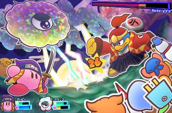 absurdres alternate_costume bandana_waddle_dee black_eyes black_hakama blue_eyes blush_stickers brown_footwear character_name character_request chilly_(kirby) closed_mouth cloud colored_skin commentary_request copy_ability detached_hood determined flower gloves hakama hakama_pants half-closed_eye haori hat health_bar highres holding holding_sword holding_weapon hood hood_up jacket japanese_clothes katana kimono king_dedede kirby kirby_(series) kirby_star_allies kracko lightning looking_at_another mario_(series) night ninja_kirby nintendo one-eyed outdoors outline outstretched_arm pants paper_mario paper_mario:_the_thousand-year_door parody pink_flower pink_skin plugg_(kirby) purple_flower purple_hood red_flower red_footwear red_hat red_jacket sandals scarfy shoes short_kimono signature sky solid_oval_eyes star_(symbol) style_parody suyasuyabi sword tree user_interface v-shaped_eyebrows weapon white_kimono white_outline yellow_gloves zouri