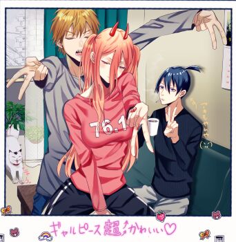 1girl 2boys absurdres black_hair black_shirt blonde_hair blush breasts cat chainsaw_man cigarette closed_eyes coffee_mug commentary_request cup demon_horns denji_(chainsaw_man) double_gyaru_v fake_photograph fingernails grey_shirt gyaru_v hair_between_eyes hayakawa_aki highres holding holding_cup horns indoors long_hair_between_eyes looking_at_viewer medium_breasts mouth_hold mug multiple_boys nail_polish pink_shirt plant polaroid_photo potted_plant power_(chainsaw_man) sharp_teeth shirt smoking teeth topknot translation_request two_side_up v white_cat yumeniku
