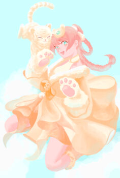 1_hcs 1girl animal_hands aqua_eyes baby_animal blue_sky boots bow braid braided_hair_rings bright_pupils cloud collared_shirt day flaming_tiger_(shining_nikki) full_body fur-trimmed_boots fur-trimmed_sleeves fur_trim gloves hair_bun hair_rings halter_shirt halterneck happy highres kneeling long_hair long_sleeves mandarin_collar mask mask_on_head nikki_(series) open_mouth orange_boots orange_bow orange_hair orange_hanfu orange_mask outdoors paw_gloves paw_pose shadow shining_nikki shirt single_braid single_hair_bun sky smile solo tiger tiger_cub tiger_mask_(object) waist_bow white_gloves white_pupils white_shirt